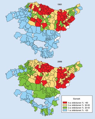 Evolution des aires sociolinguistiques dans la Communauté Autonome Basque (1981 - 2006 / Source: Eustat)